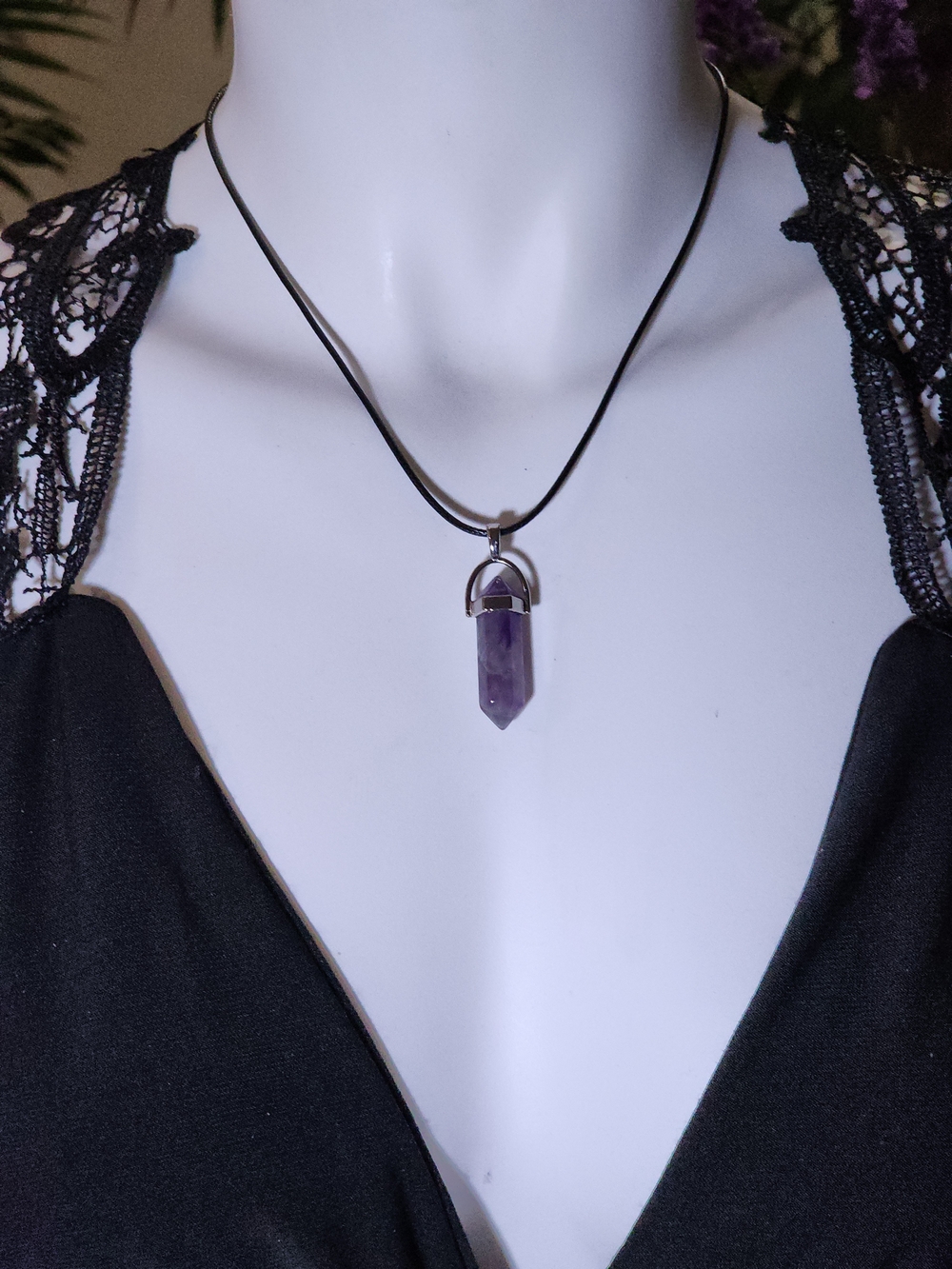 Amethyst Crystal Point Pendant Necklace - Purple And Silver Tone On Black Cord